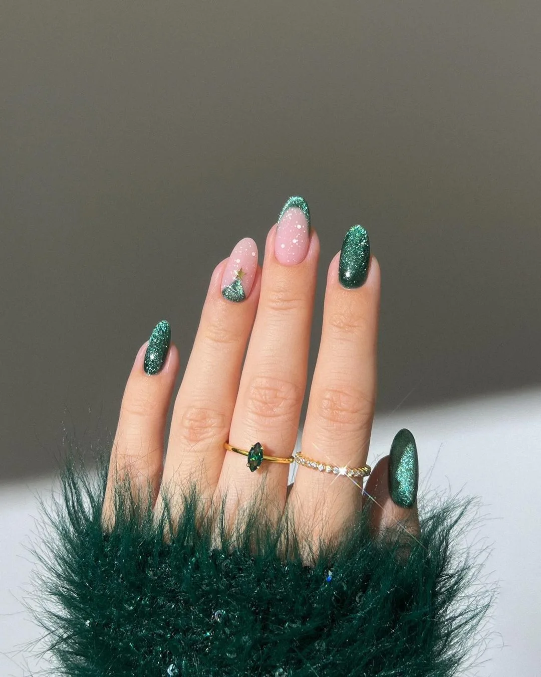 Green velvet nails with Christmas tree accent