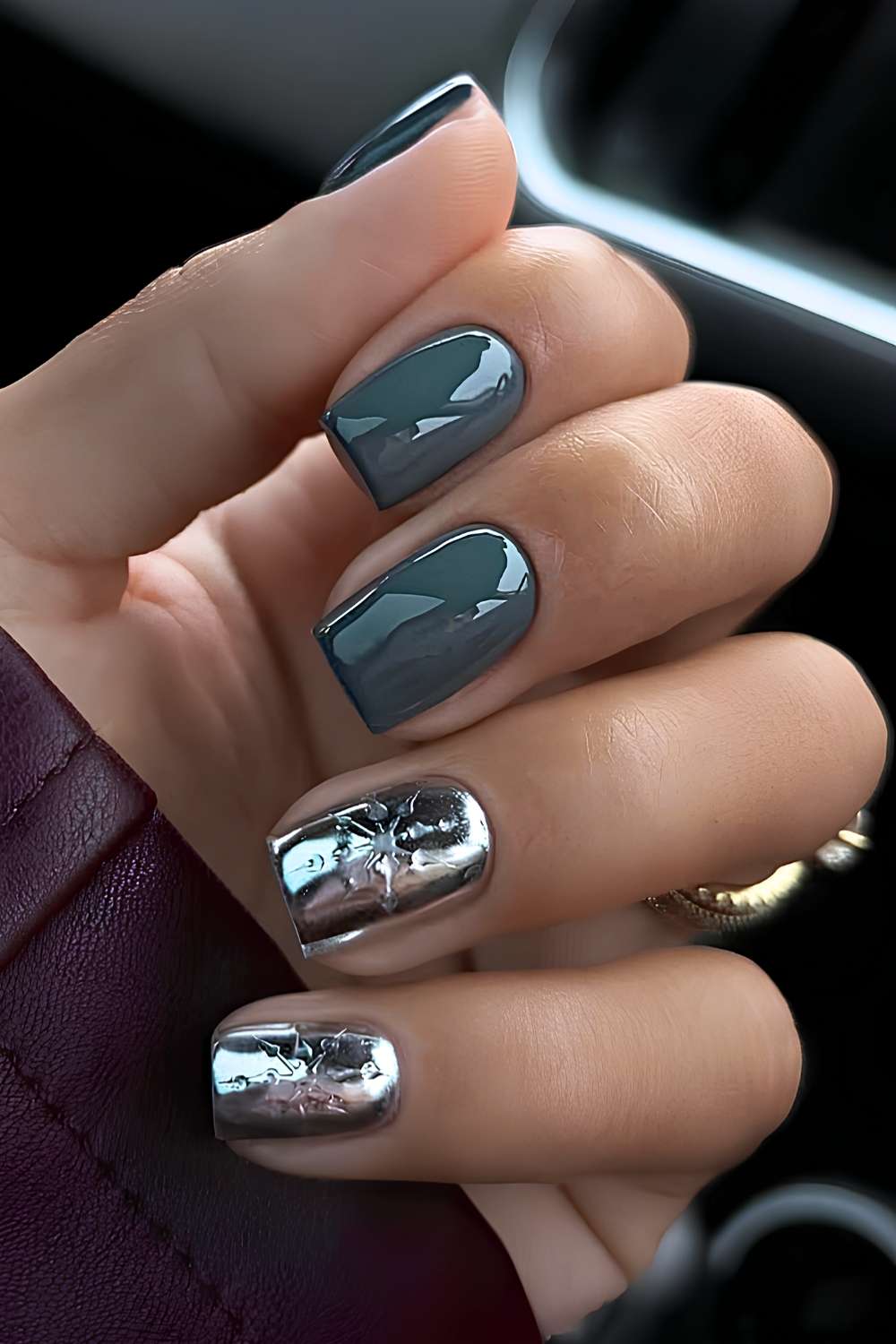Green winter nails with accent silver chrome