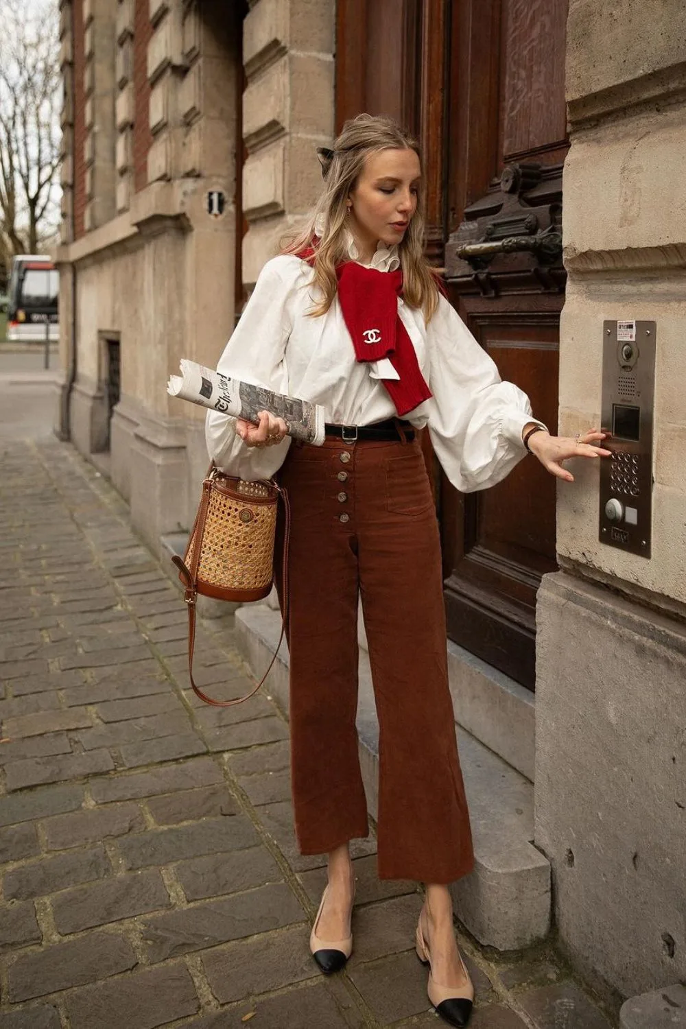 High-Waist brown Corduroys & Red Scarf