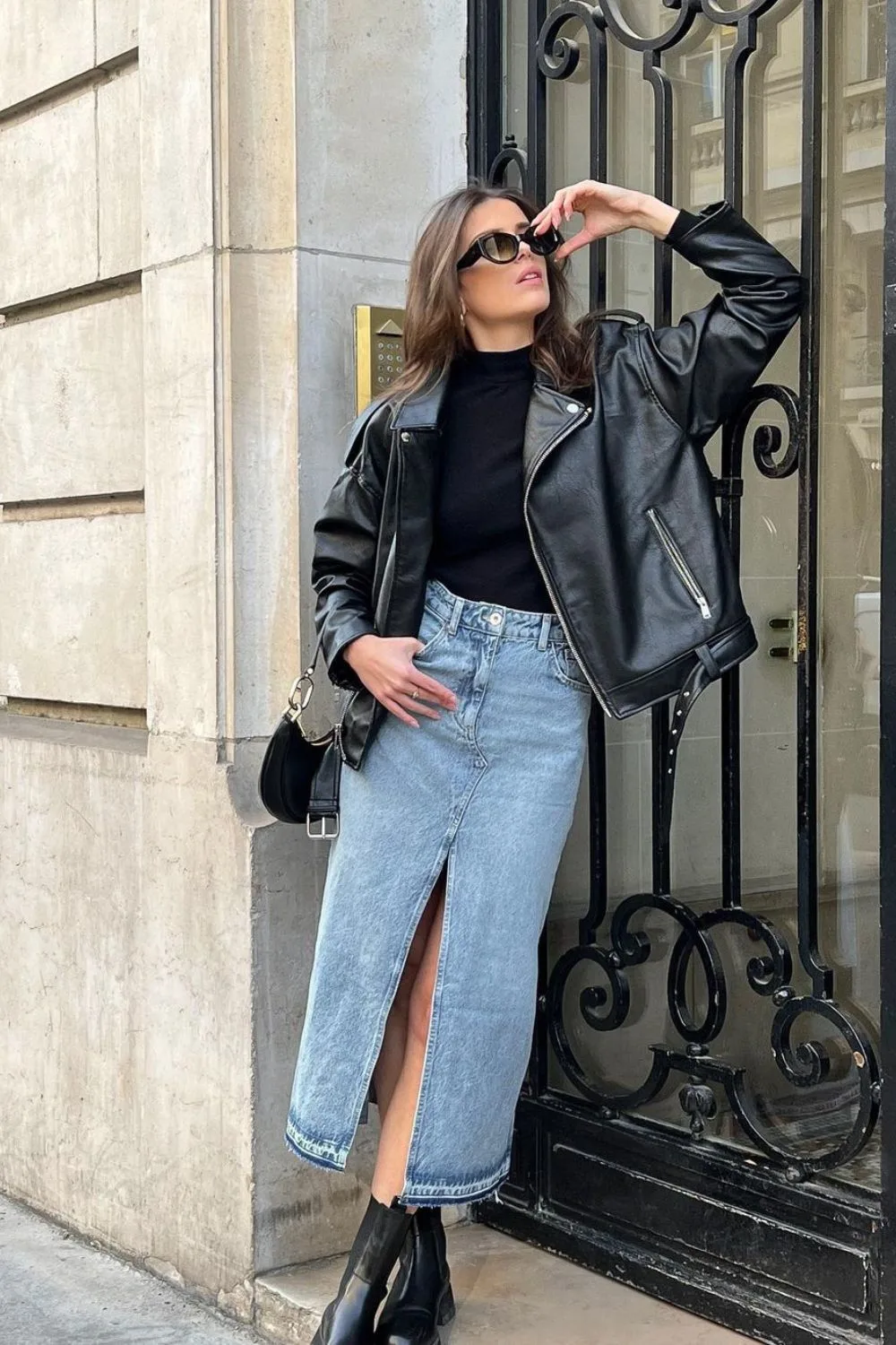 Leather Jacket & Midi Skirt