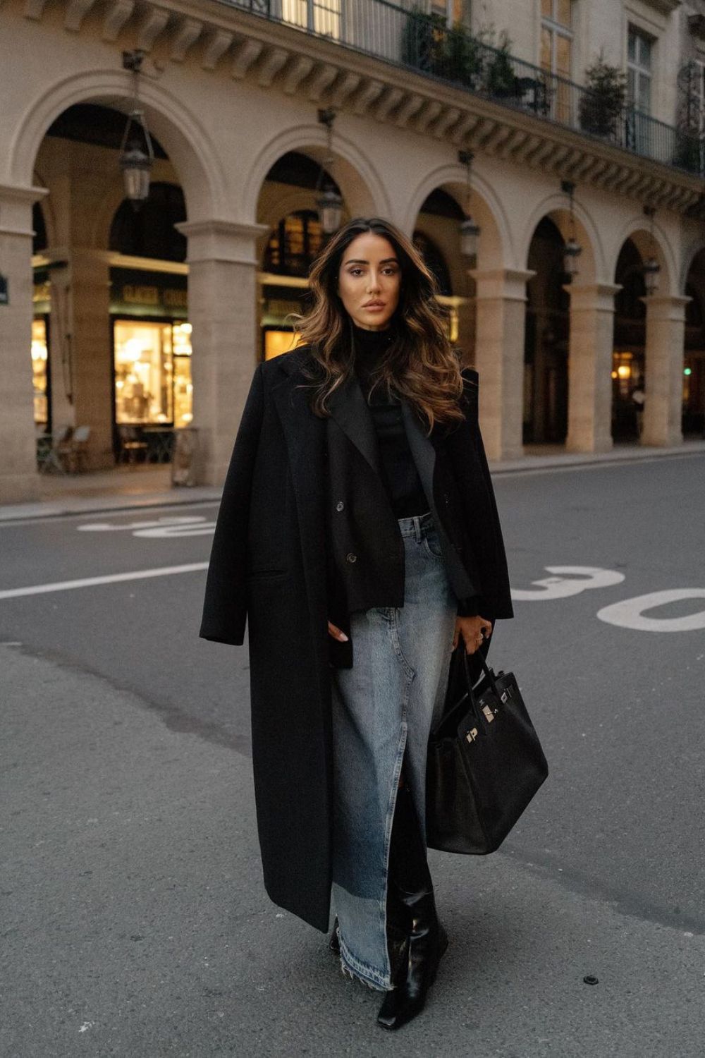 Long Coat & Denim Skirt