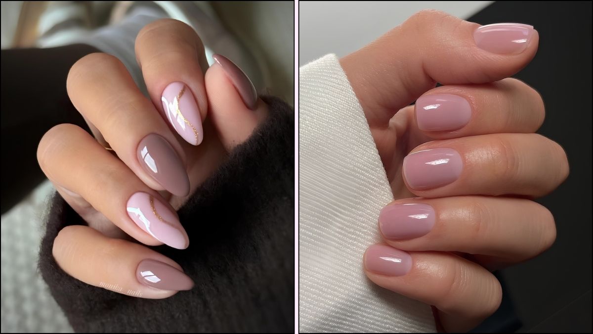 A collage of mauve nail designs