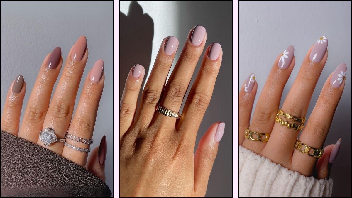 A collage of pretty mauve nail designs