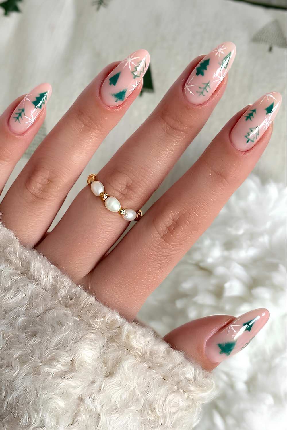 Milky nails with micro Christmas tree art
