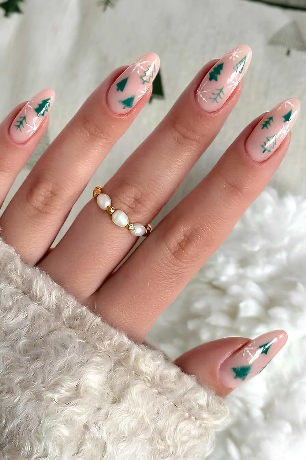 Milky nails with micro Christmas tree art