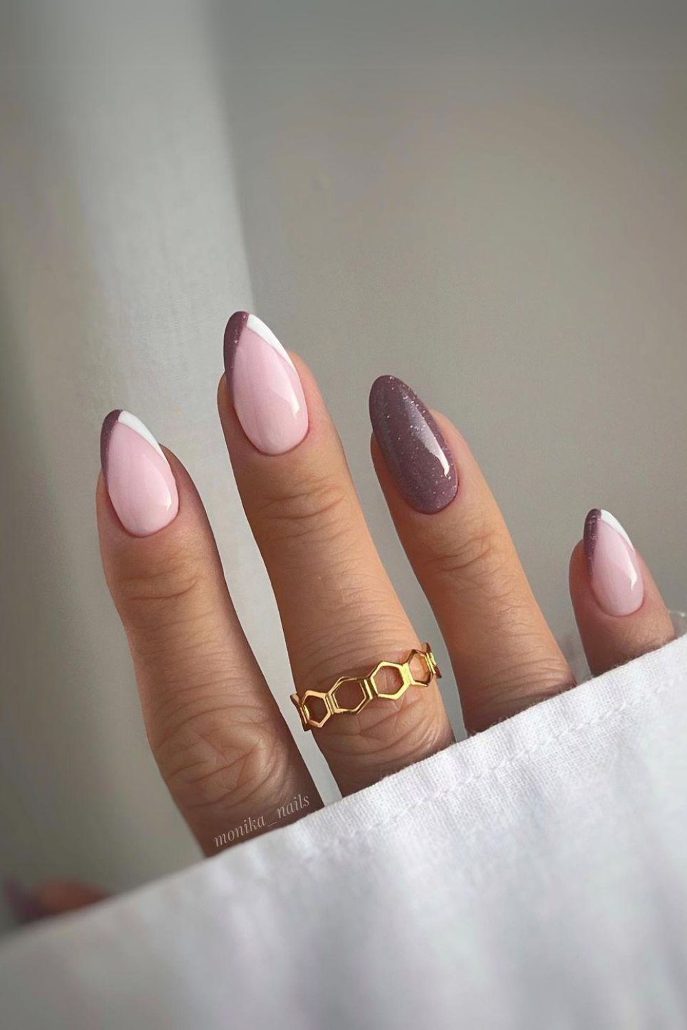 Mocha mauve and white pointed french tip nails