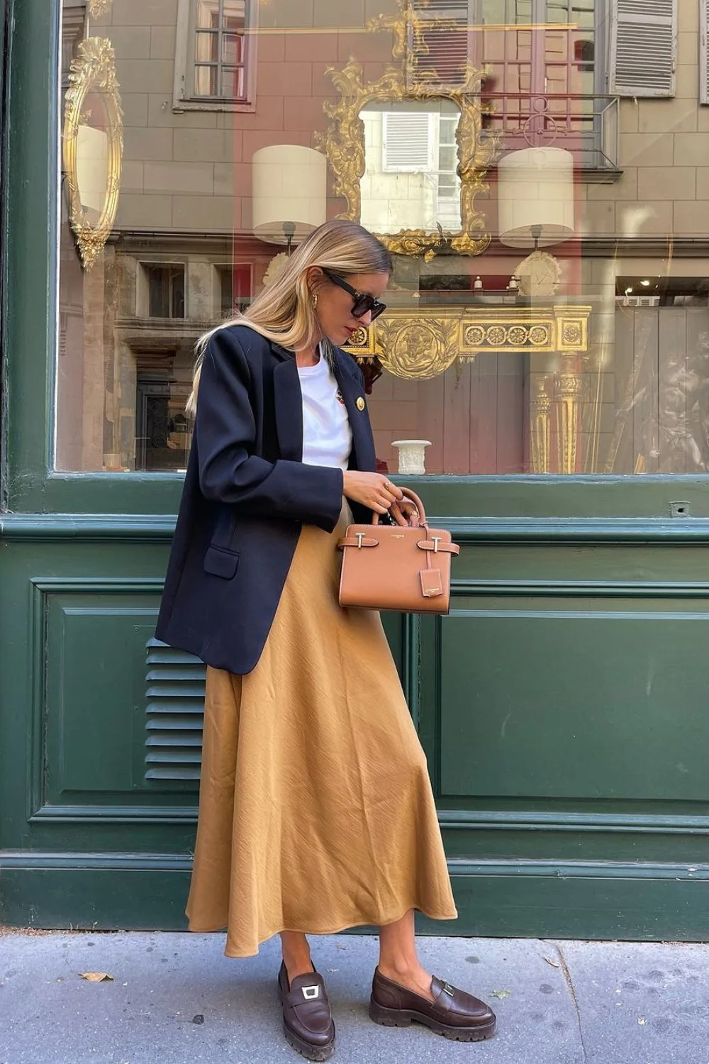 Navy Blazer & Khaki Maxi Skirt