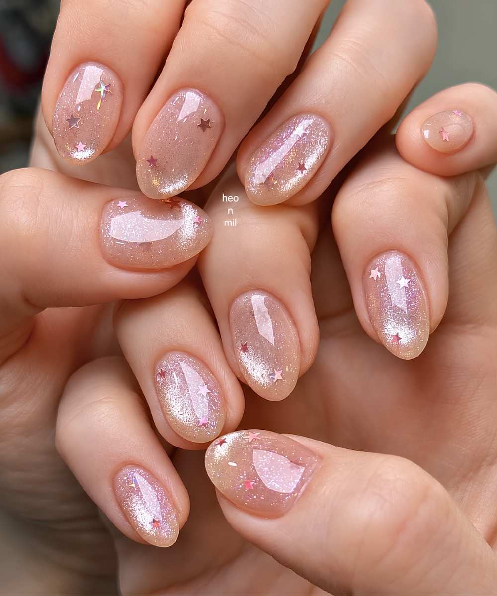 Neutral cat eye nails with micro star accents