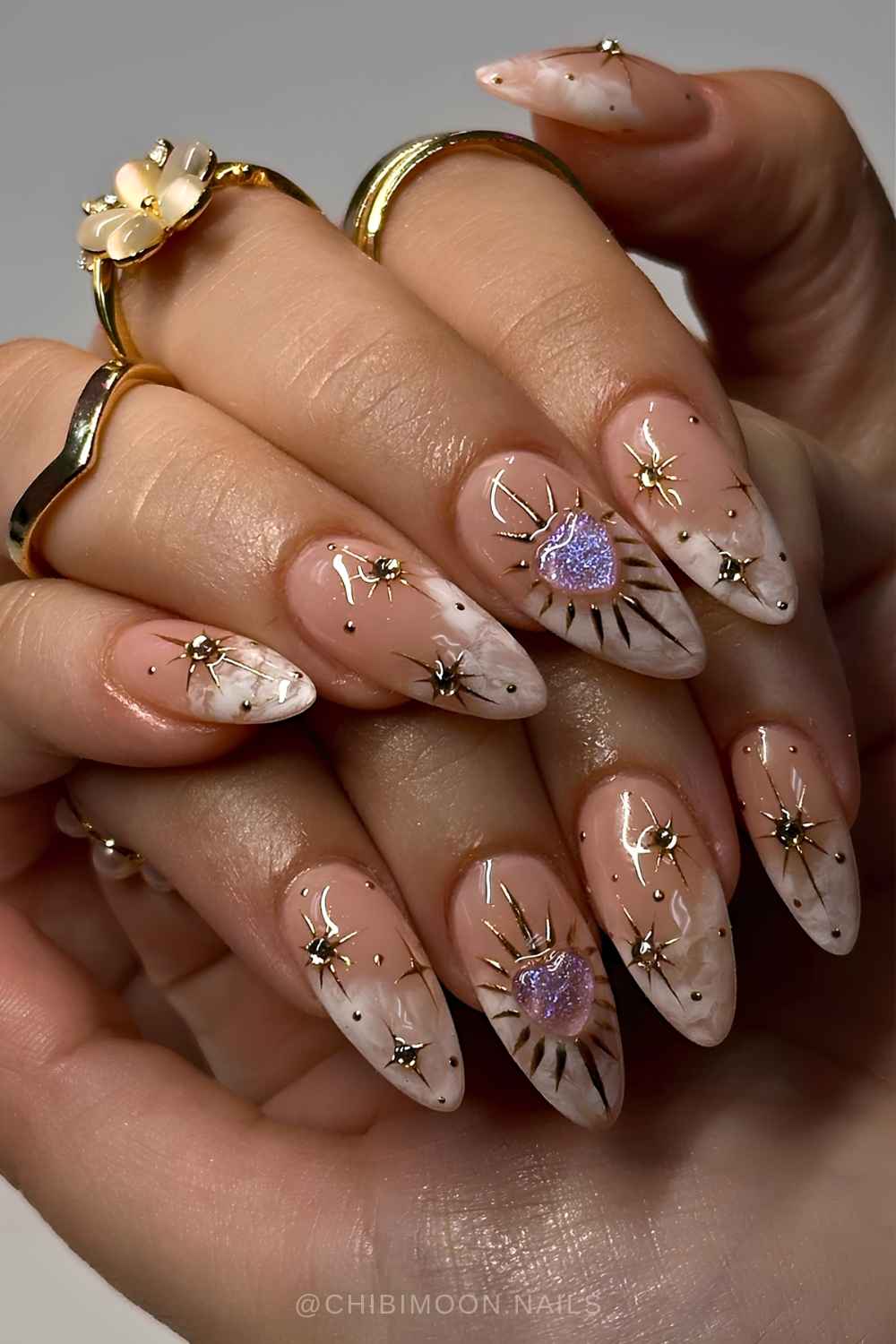 Neutral mani with cloud and gold celestial art