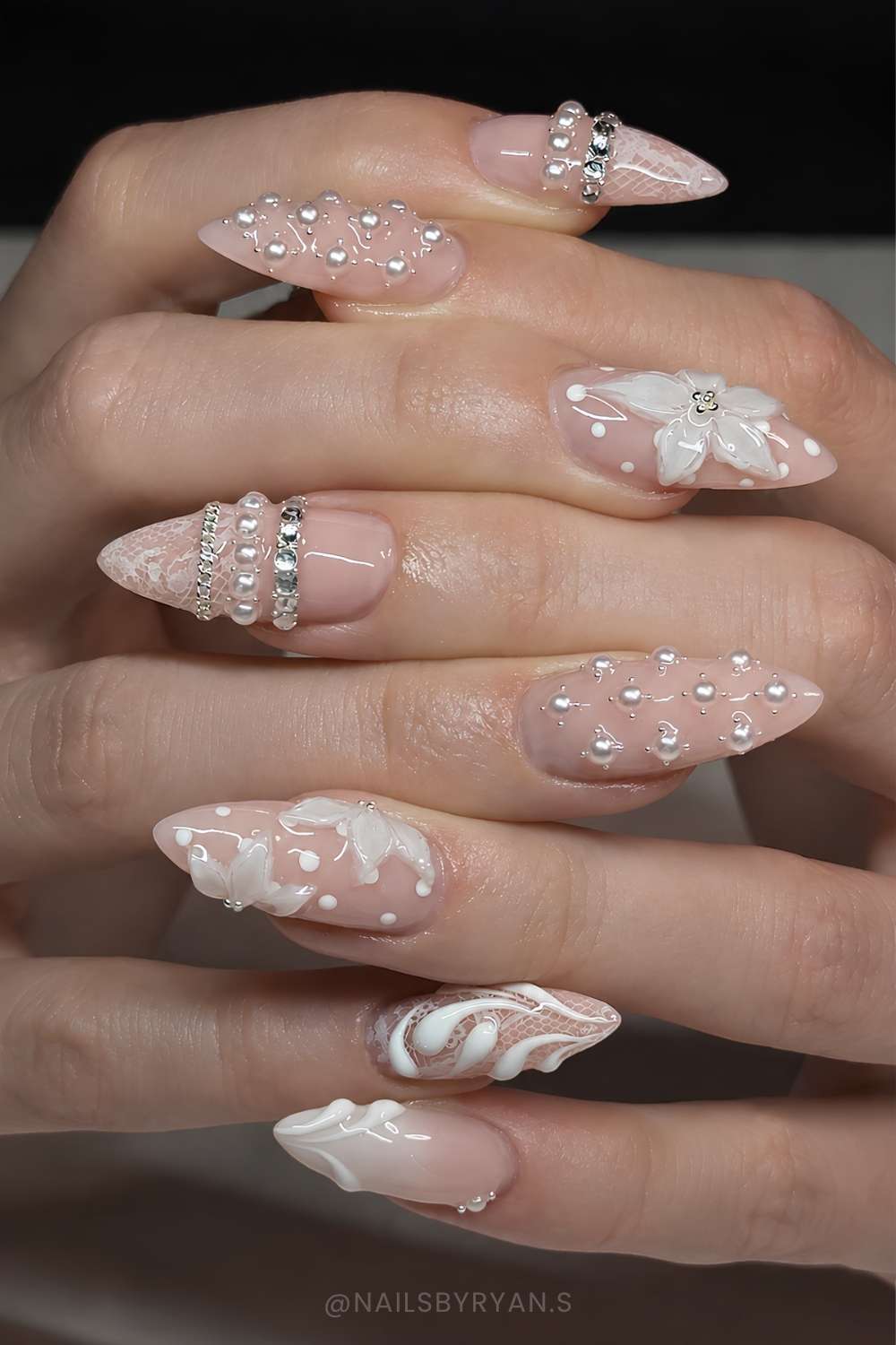 Neutral nails with pearls lace and flowers