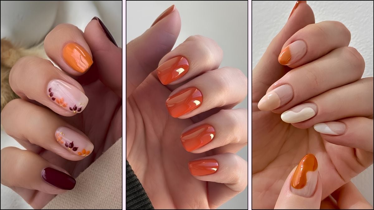 A collage of orange nail designs for fall