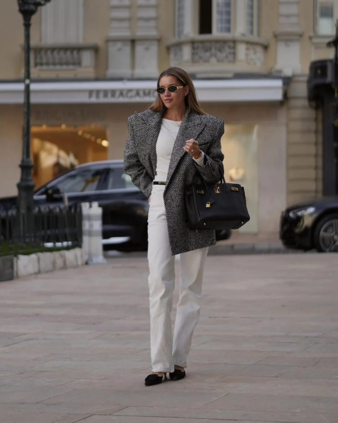 Oversized Houndstooth Blazer and White Ensemble