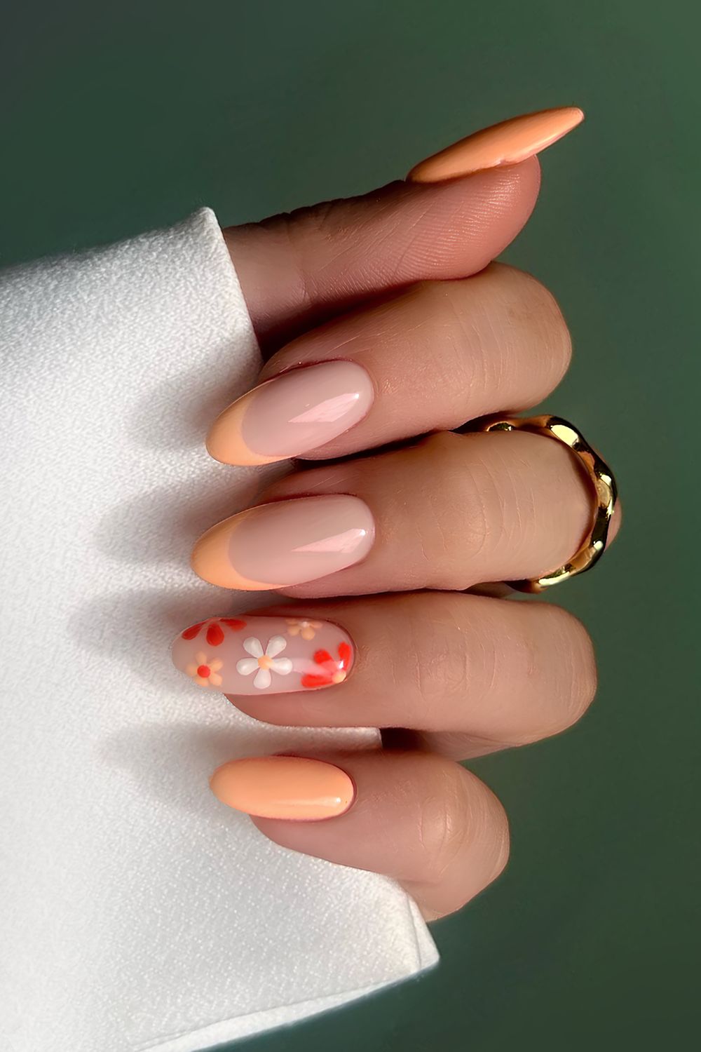 Peach French nails with red flowers