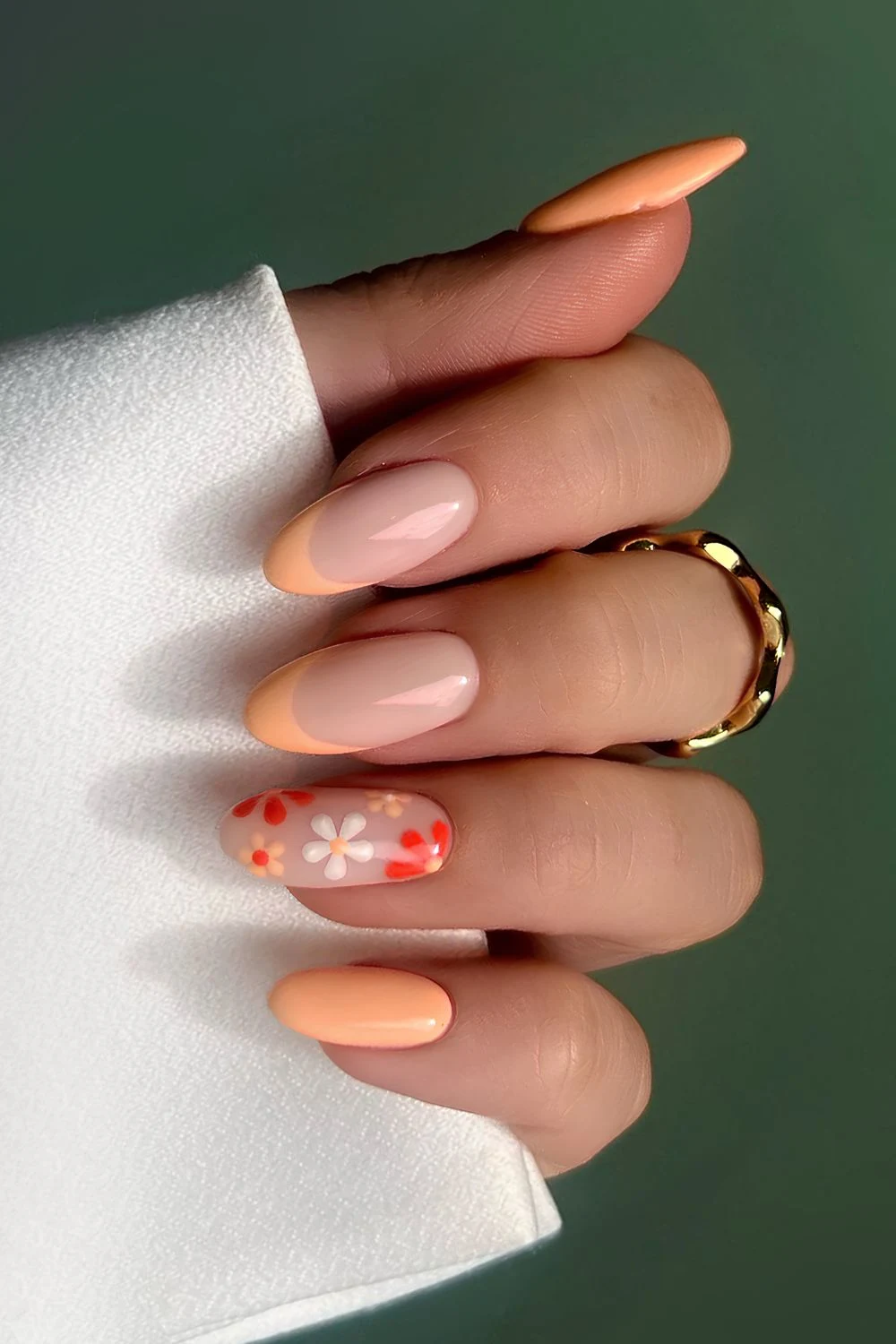 Peach French nails with red flowers