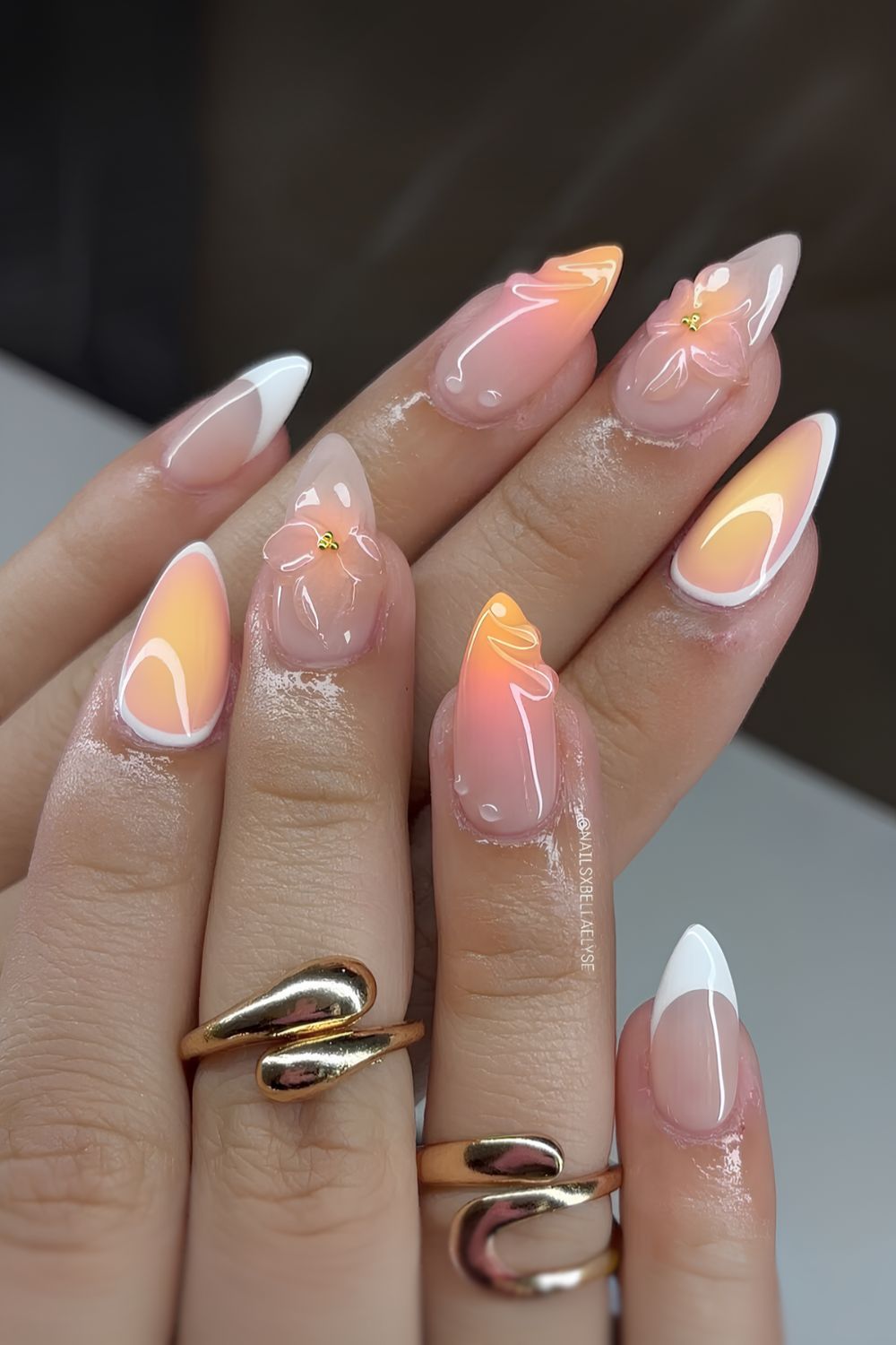 Peach and white mix and match nails