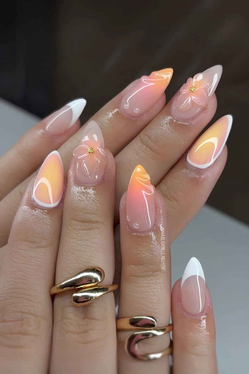 Peach and white mix and match nails