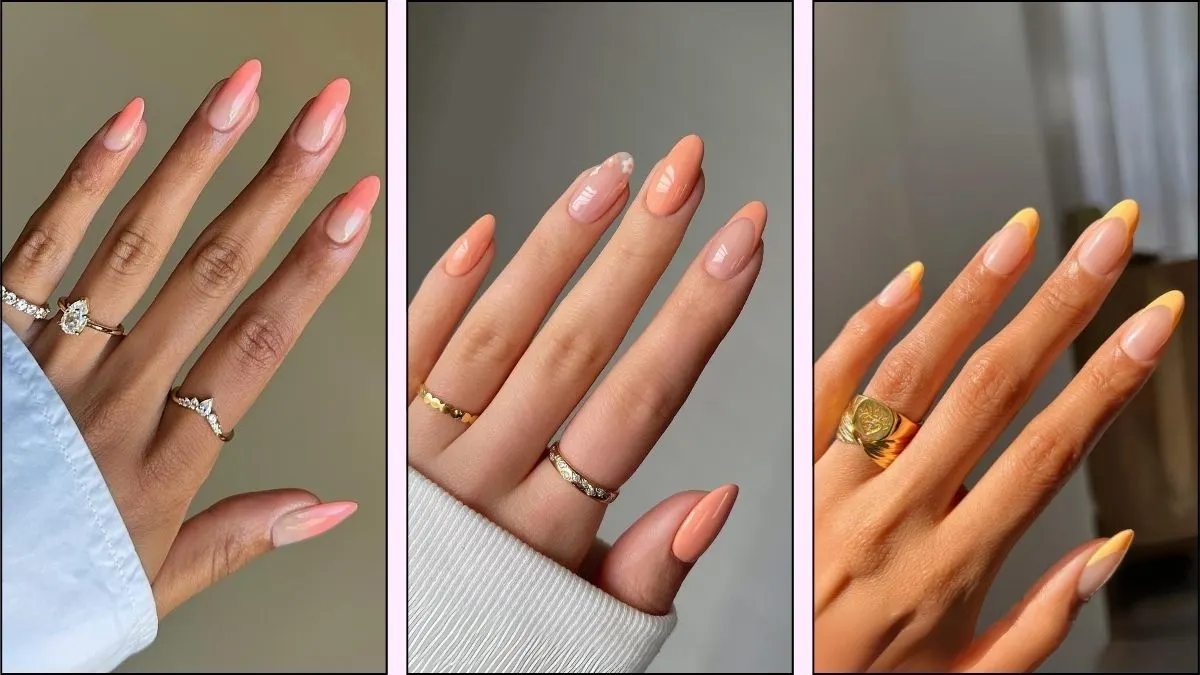 A collage of stunning peach nail designs