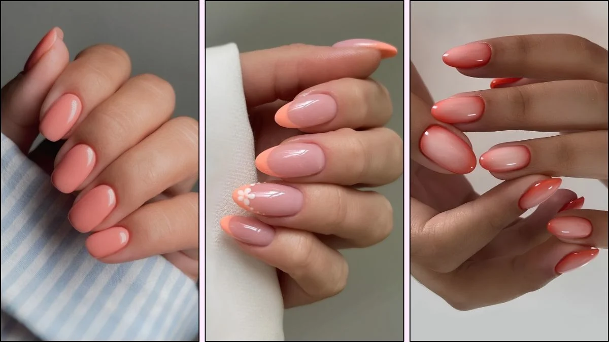A collage of peach nail designs