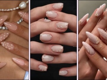 A collage of pearl nail designs