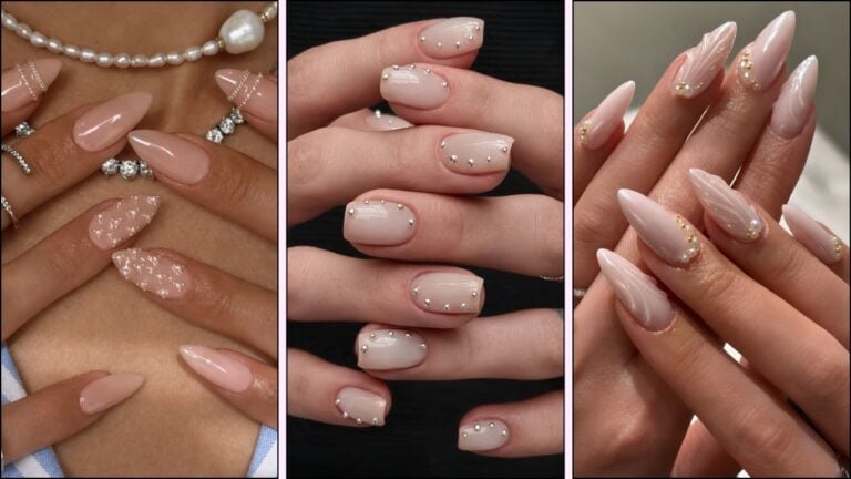 A collage of pearl nail designs
