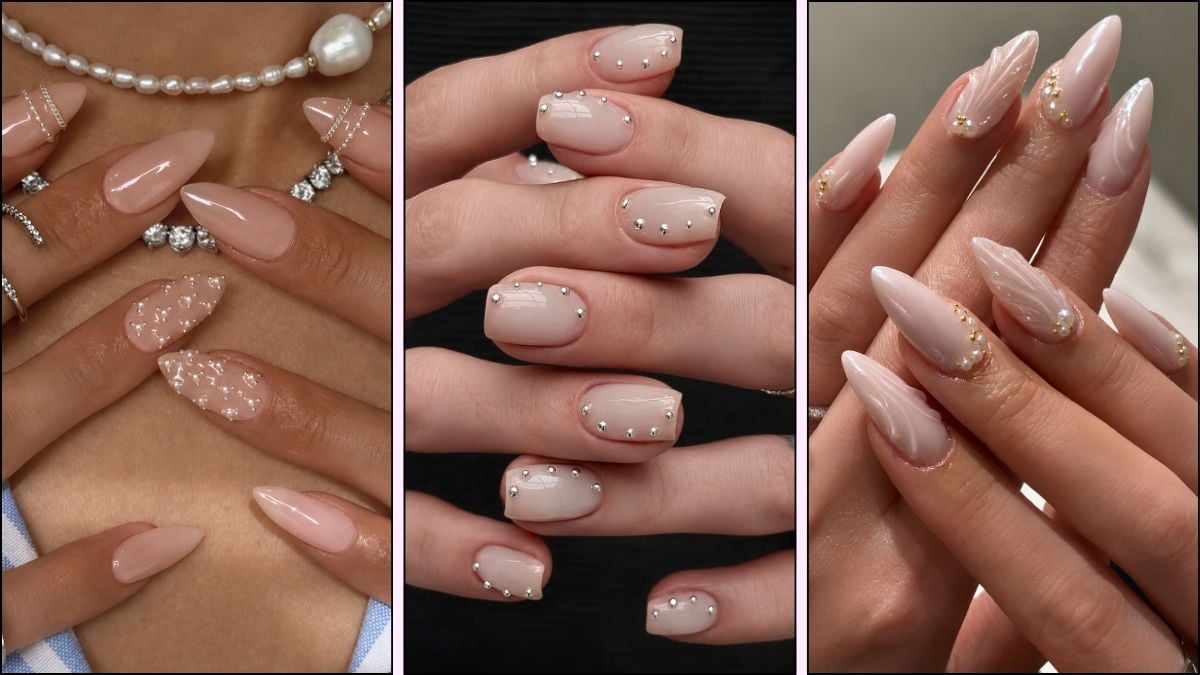 A collage of pearl nail designs