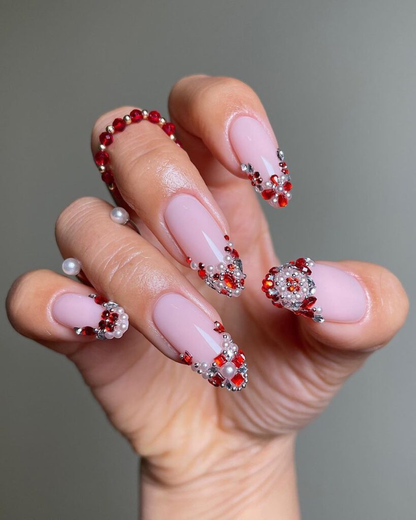 Pepermint sparkle rhinestone Christmas nails