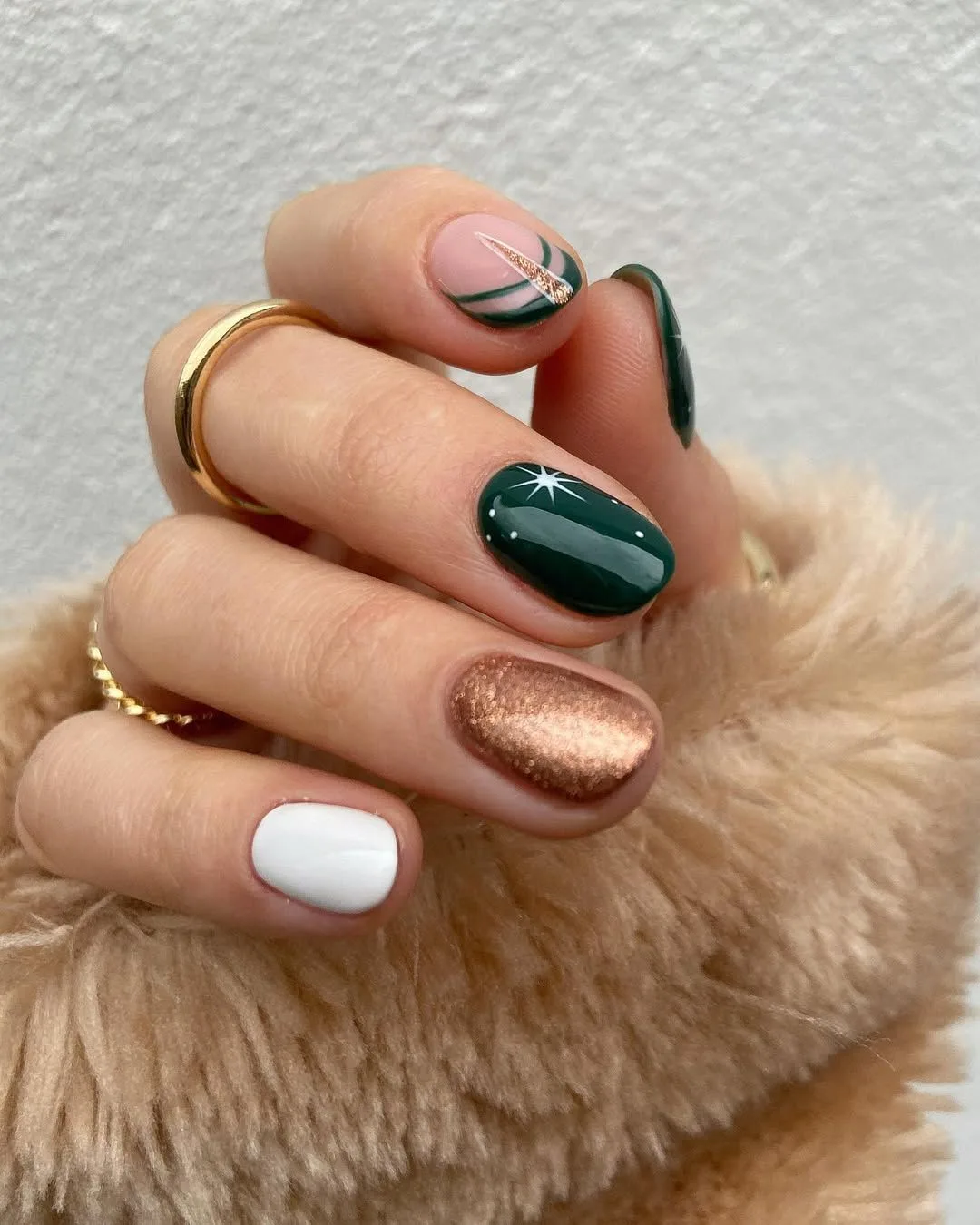 Pine Green nails with white and bronze accents