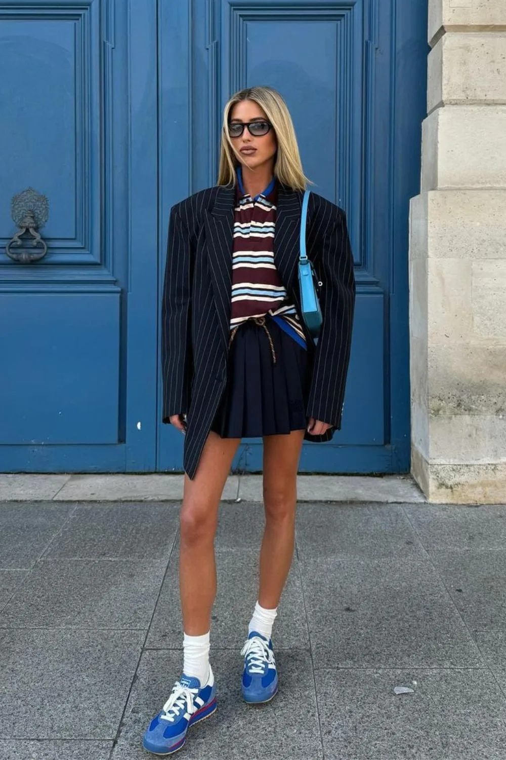 Pinstripe Blazer & Mini Skirt with Sneakers