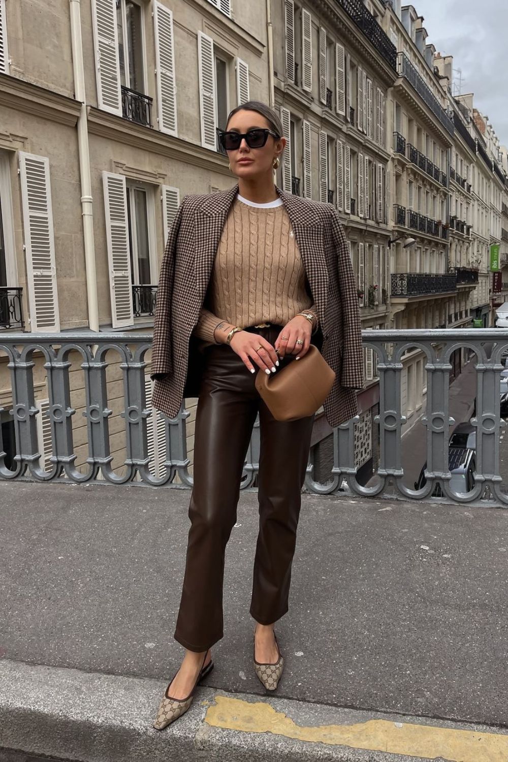 Plaid Blazer & brown Leather Pants