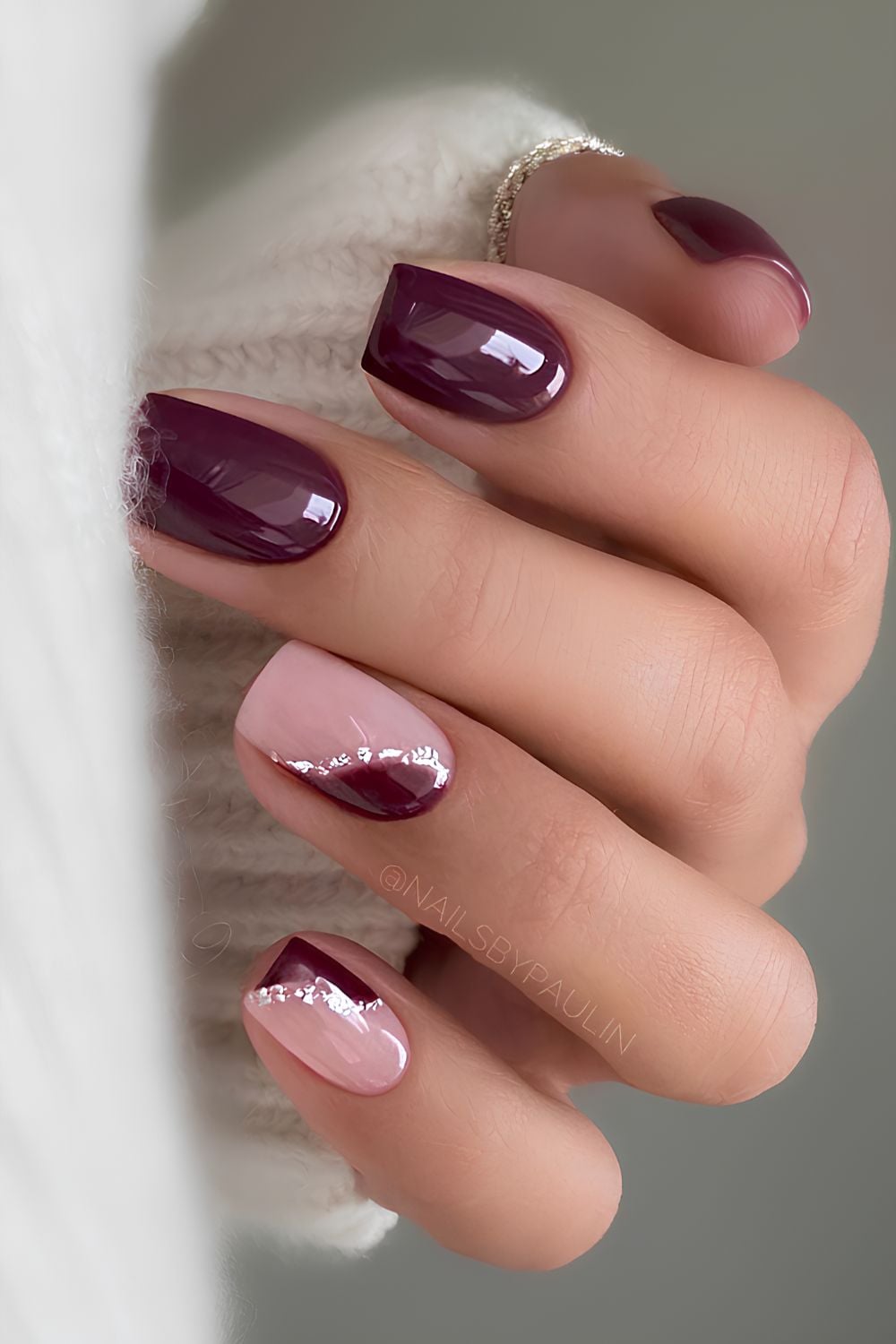 Plum nails with silver foil flakes