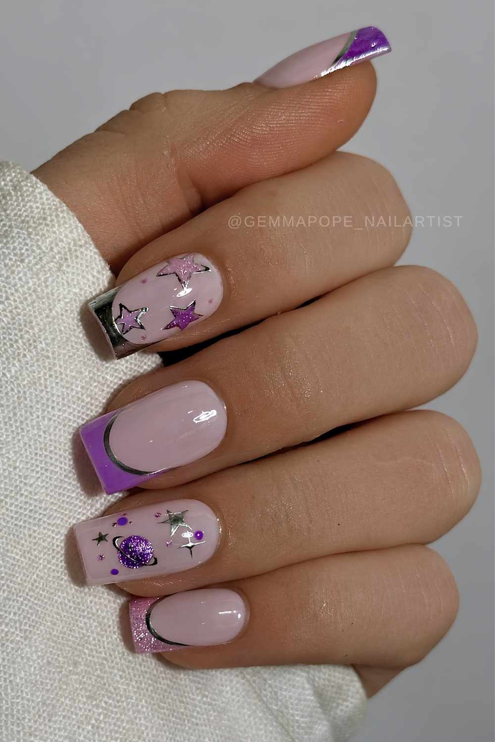 Purple and silver French nails with celestial art