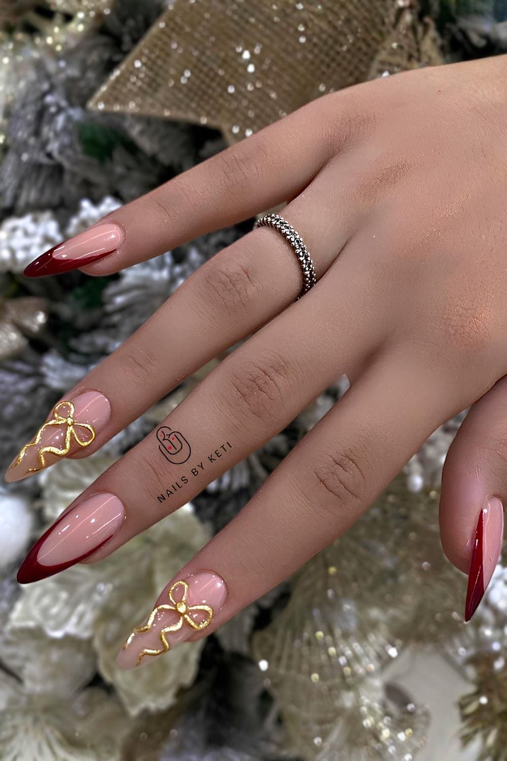 Red Christmas French mani with 3d bows