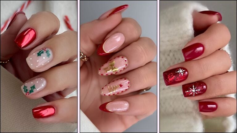 A collage of red nail designs for Christmas