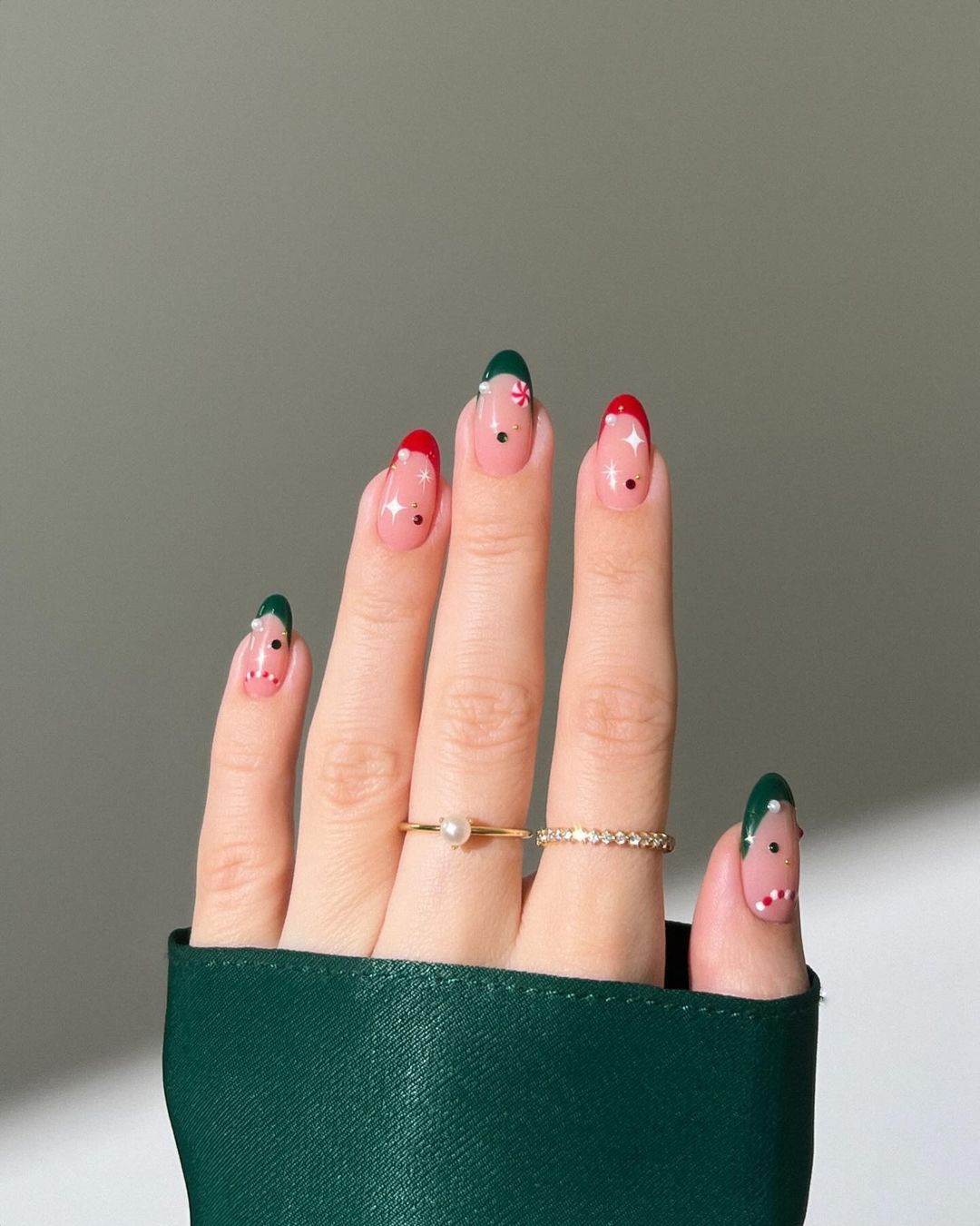 Red and green french tips with Christmas motives