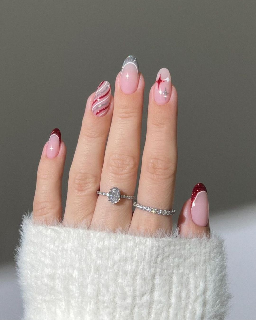 Red and silver Christmas nails