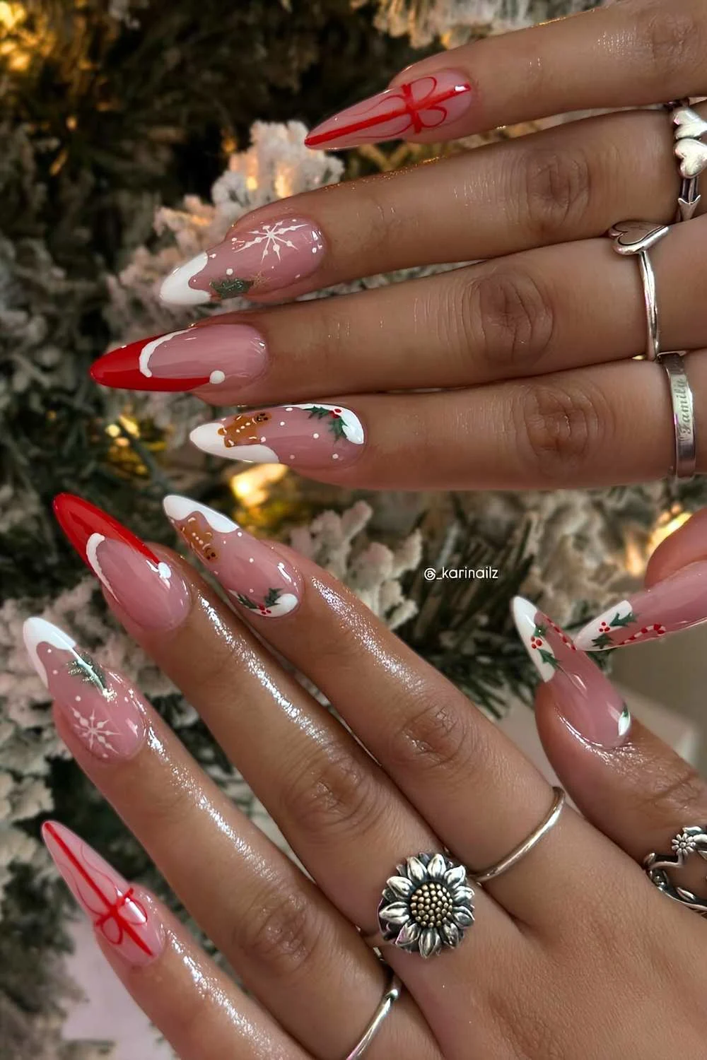 Red and white French mani with Christmas motifs