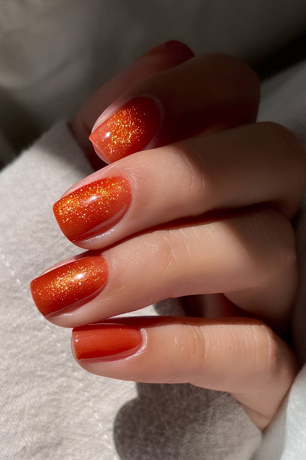 Shimmery orange manicure