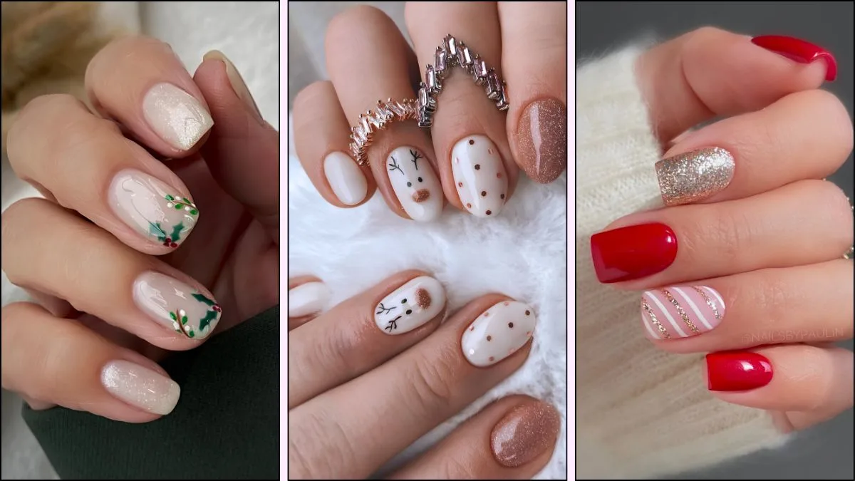 A collage of short nail designs for Christmas