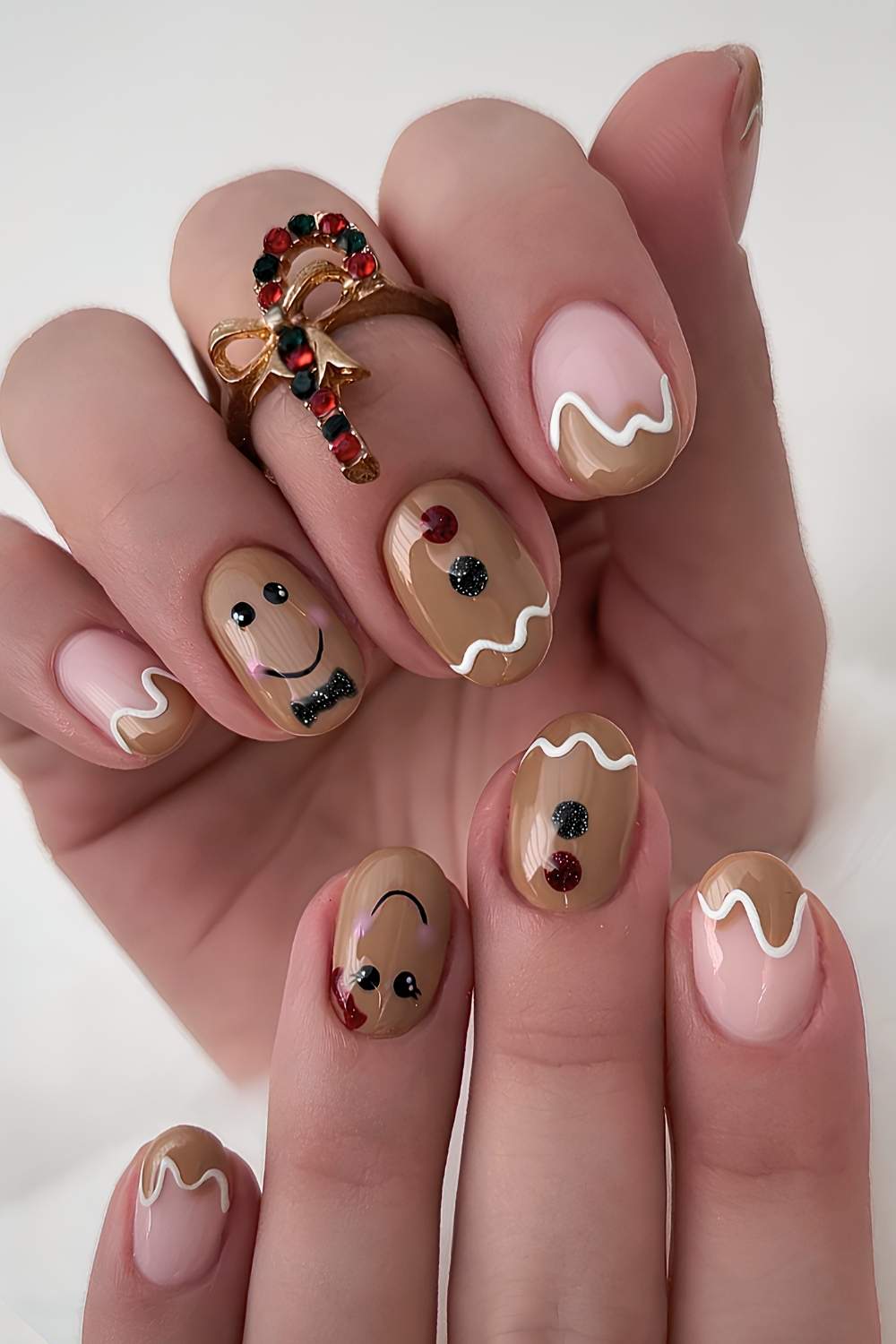 Short brown gingerbread themed nails
