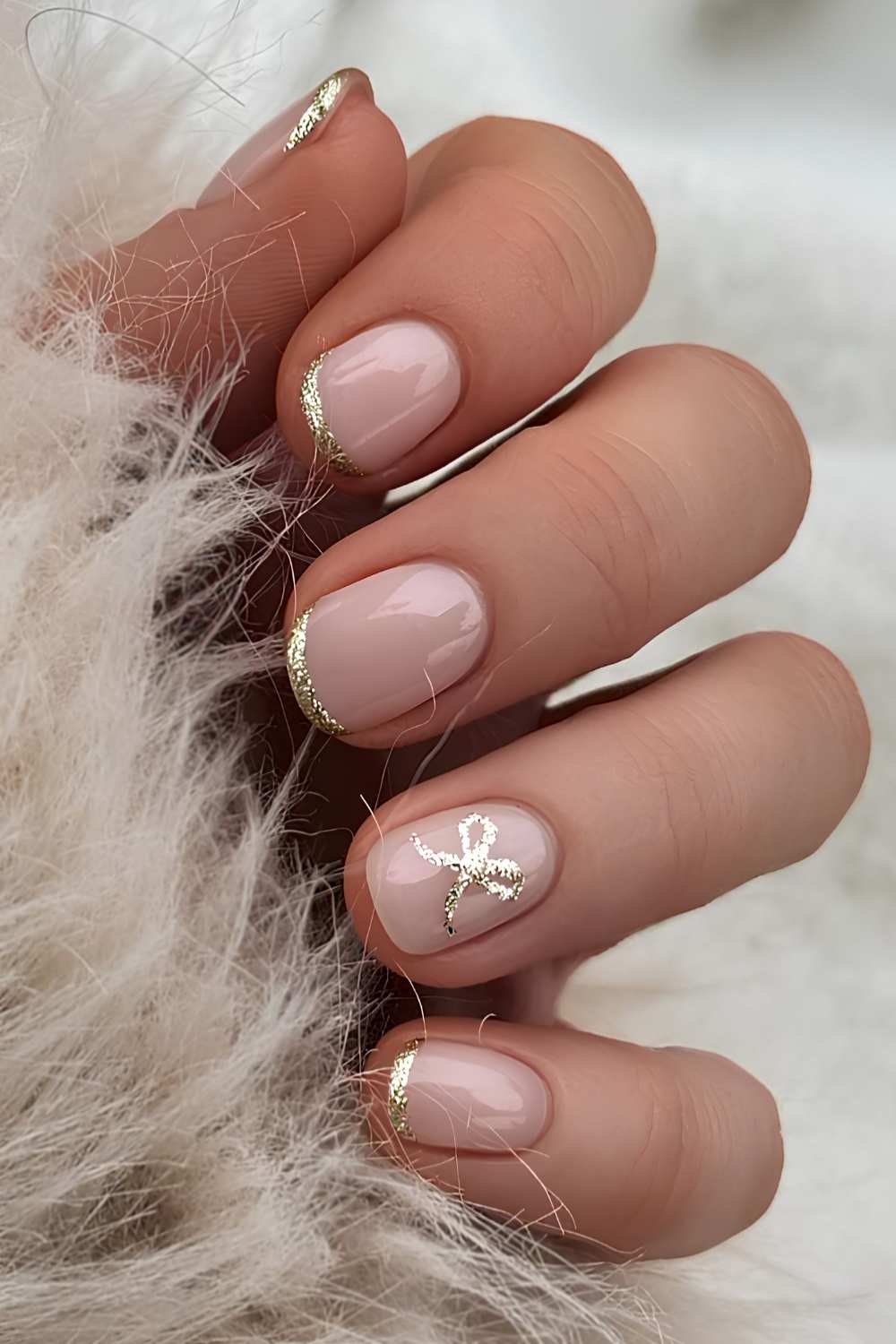 Short gold glitter French mani with bows