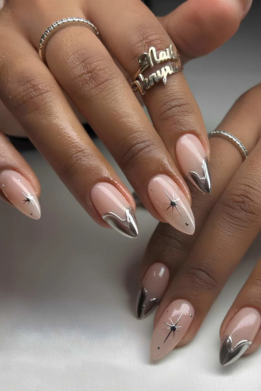 Silver French mani with celestial art