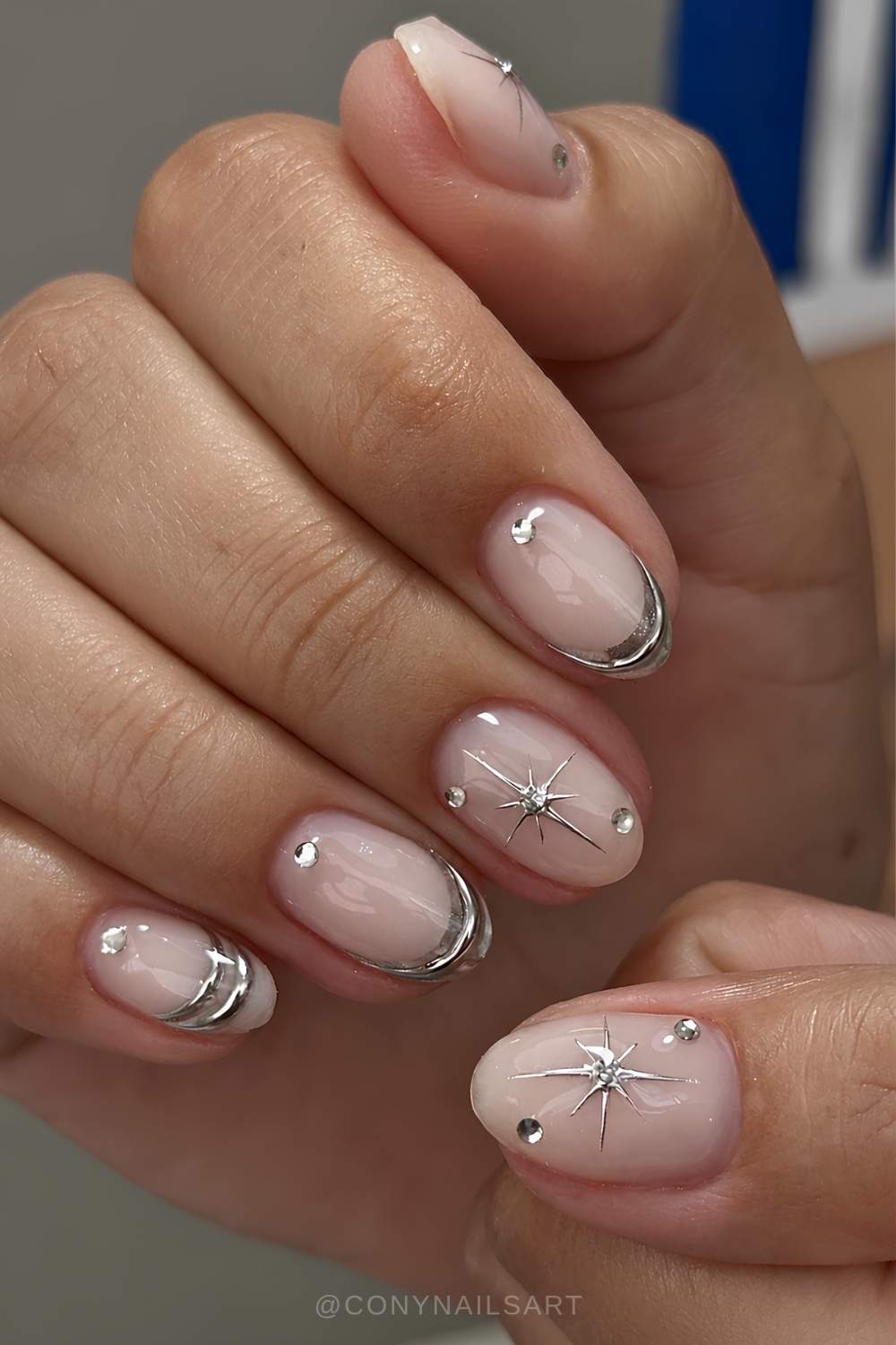 Silver French nails with celestial and bangle art
