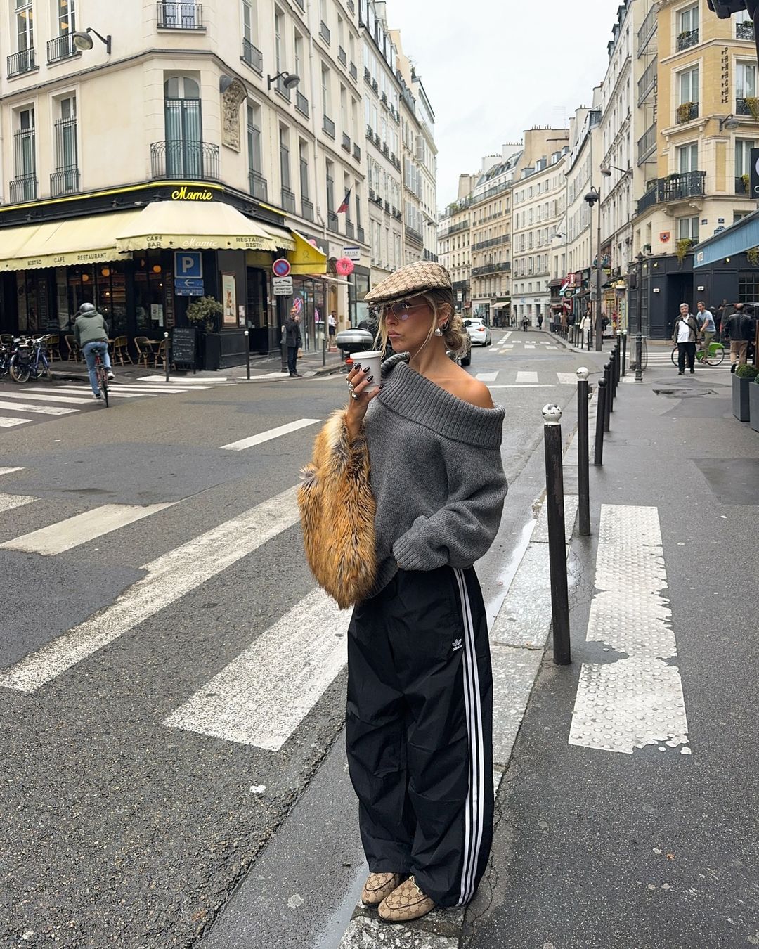 Slouchy Gray Sweater and Adidas Track Pants