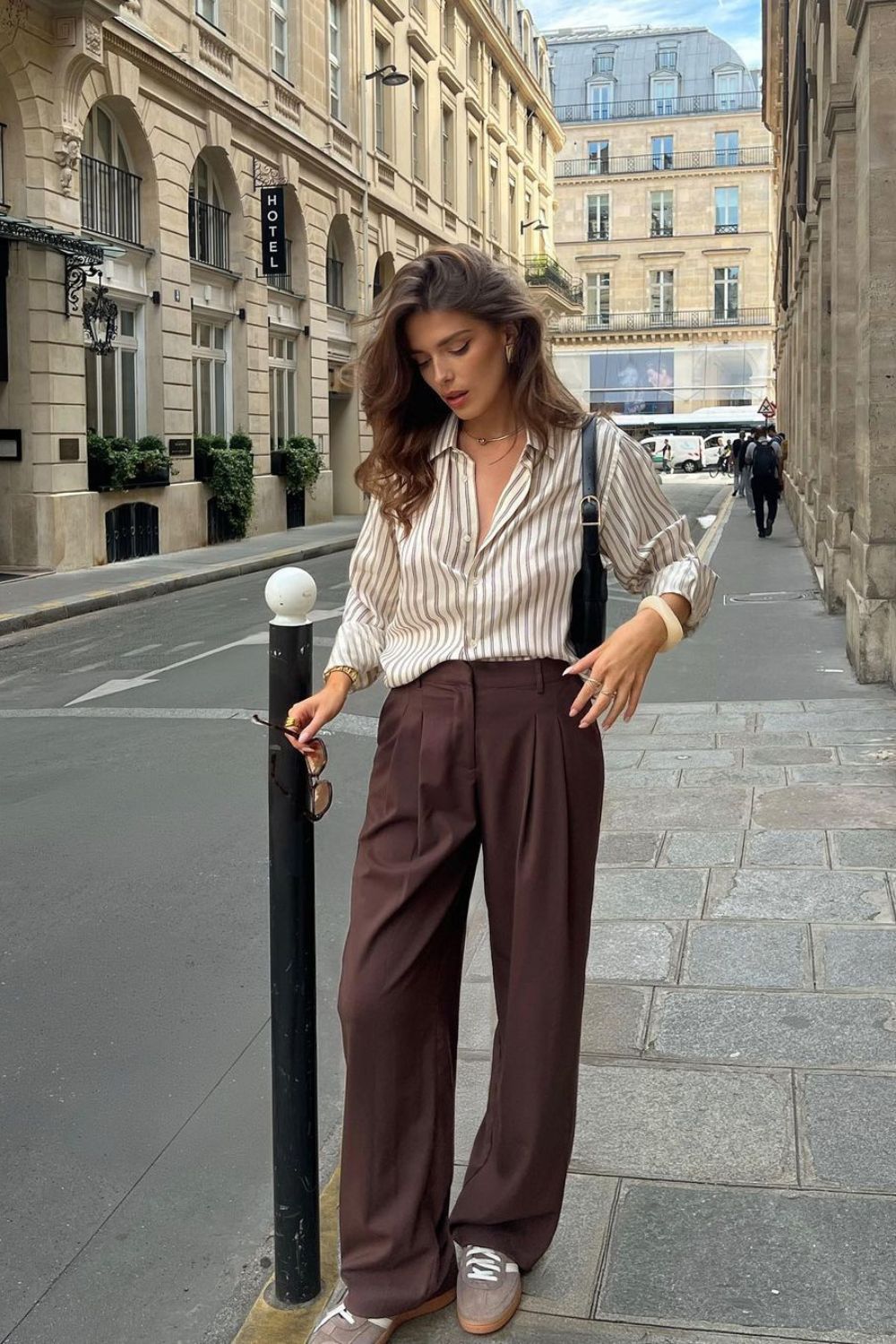 Striped Shirt & brown Wide-Leg Trousers