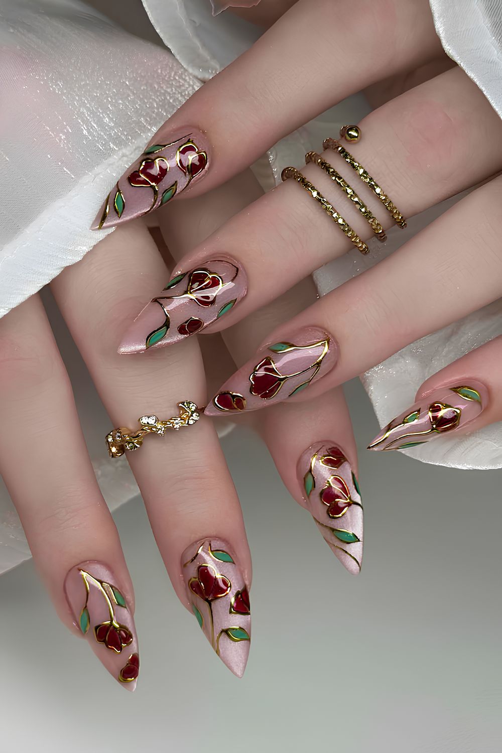 Velvet nails with dark red flowers