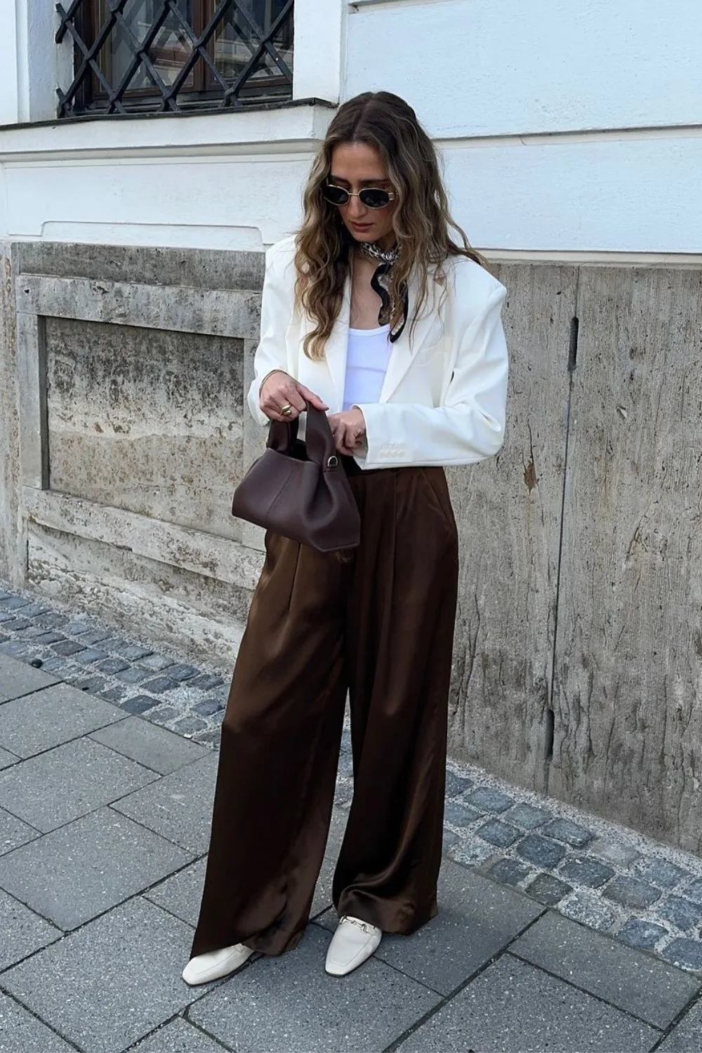 White Blazer & brown Satin Trousers