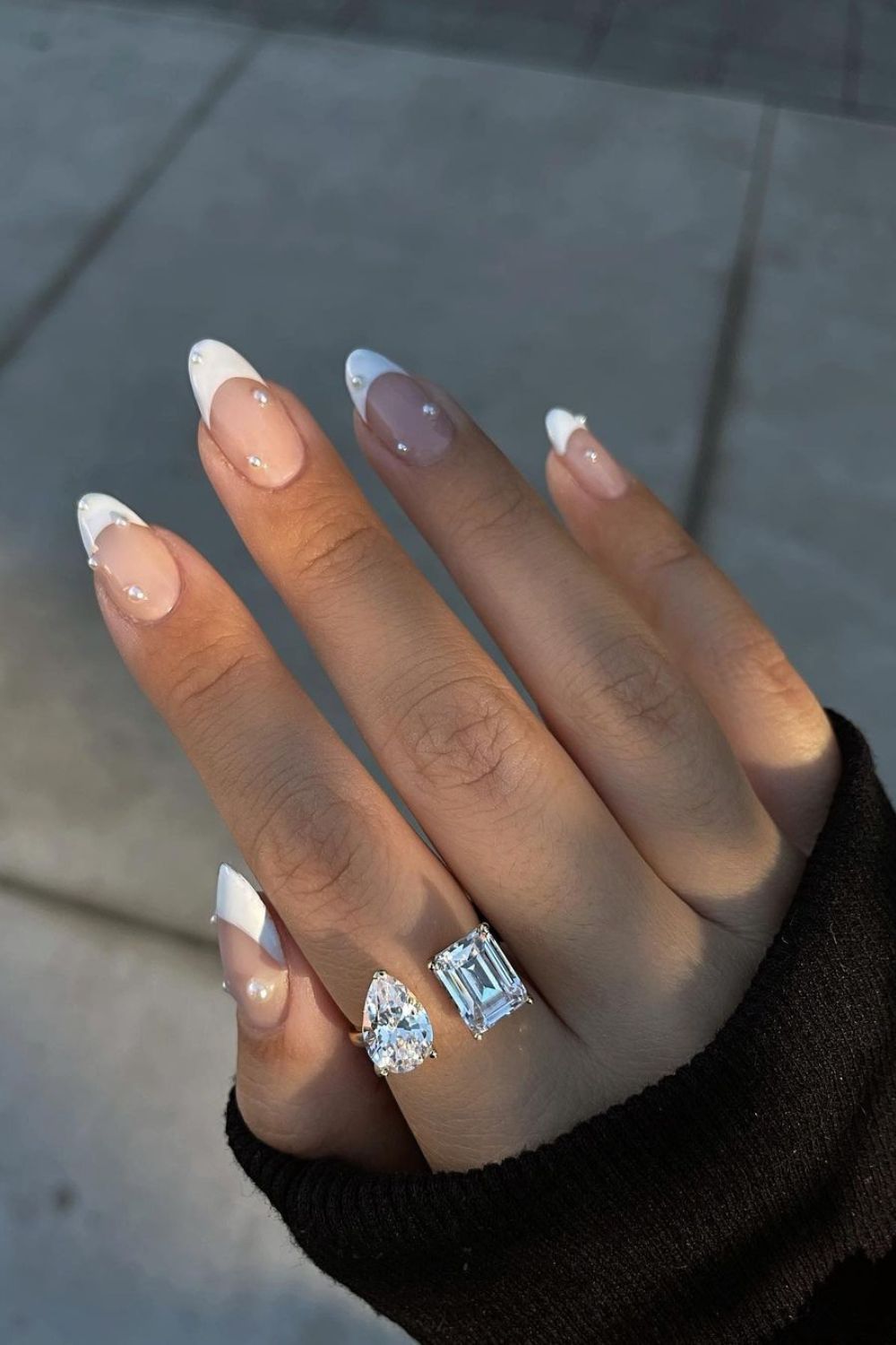 White French mani with pearl accents