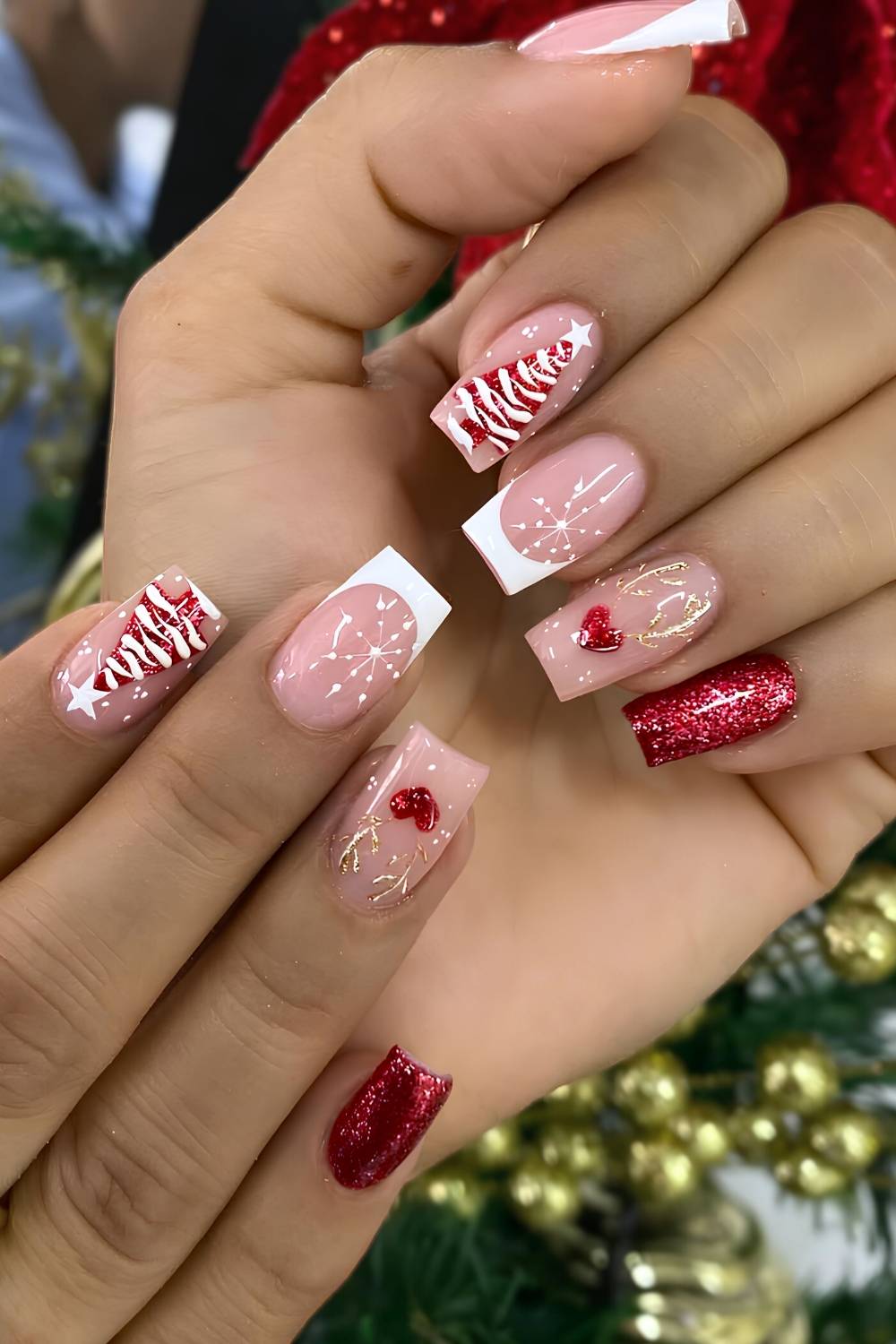 White and red mani with Christmas tree art