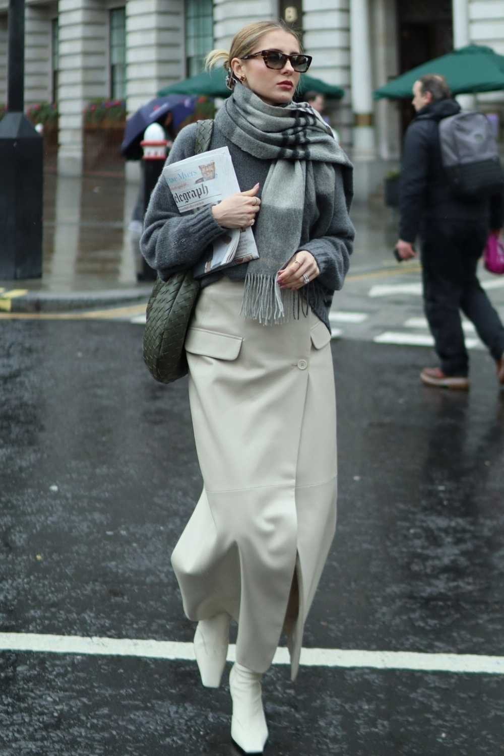 charcoal sweater with cream maxi skirt and gray scarf