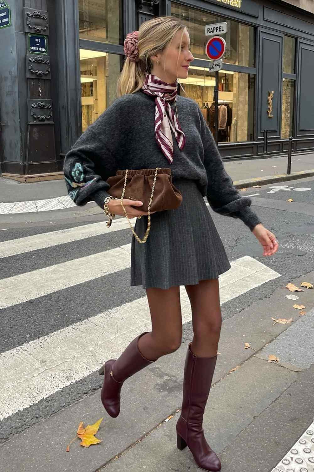 charcoal sweater with silk neck scarf and burgundy boots